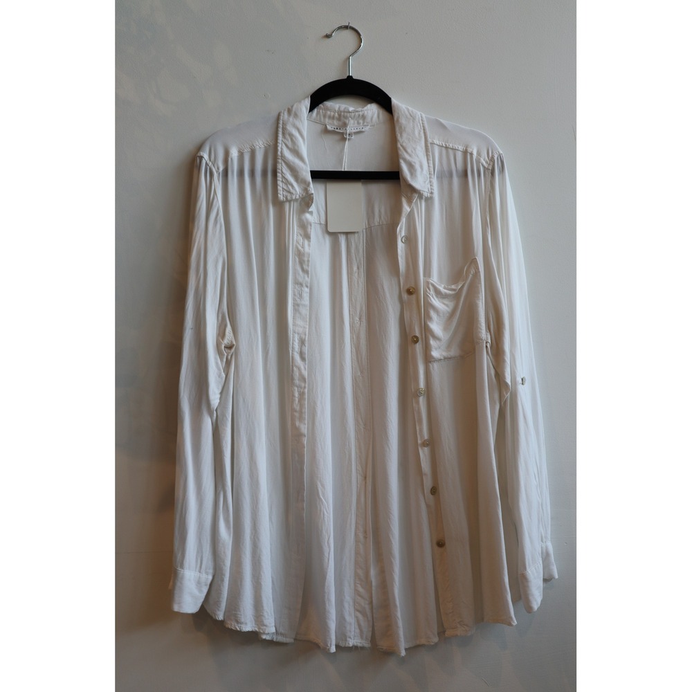 Jane + Delancey White Button Down Roll Tab Sleeve Shirt 1X Button Back Raw Hem